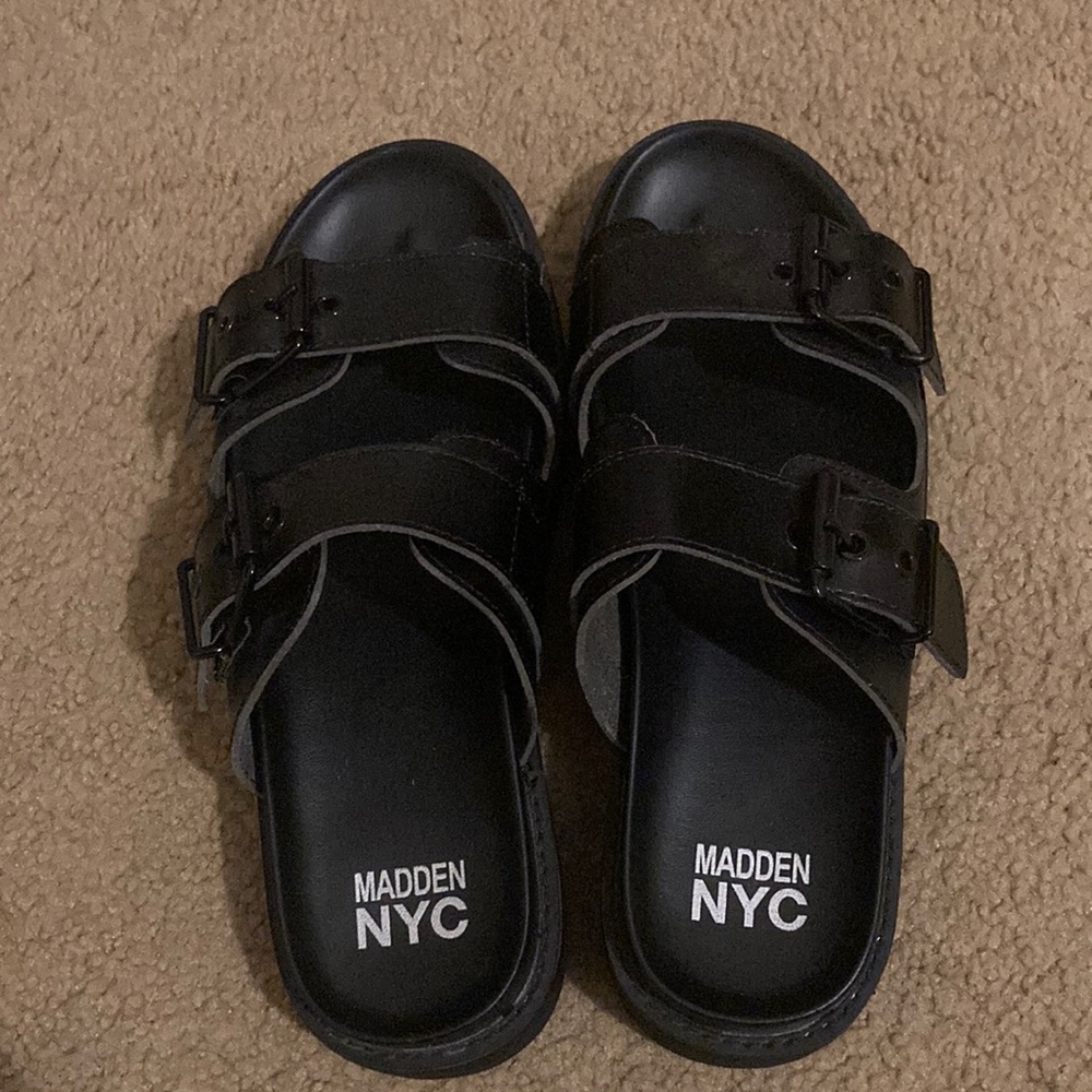 Madden NYC Double Buckle Black Slides